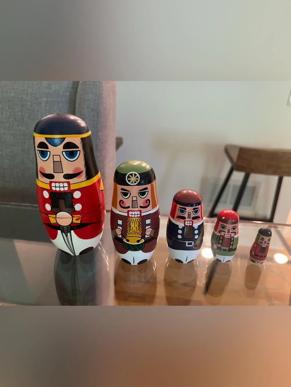 Nutcracker Nesting Doll Set, featuring 5 handmade wooden Matryoshka figures
